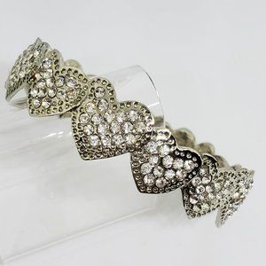Vintage Row of Rhinestone Accented Hearts Metal Bangle Silver Bracelet